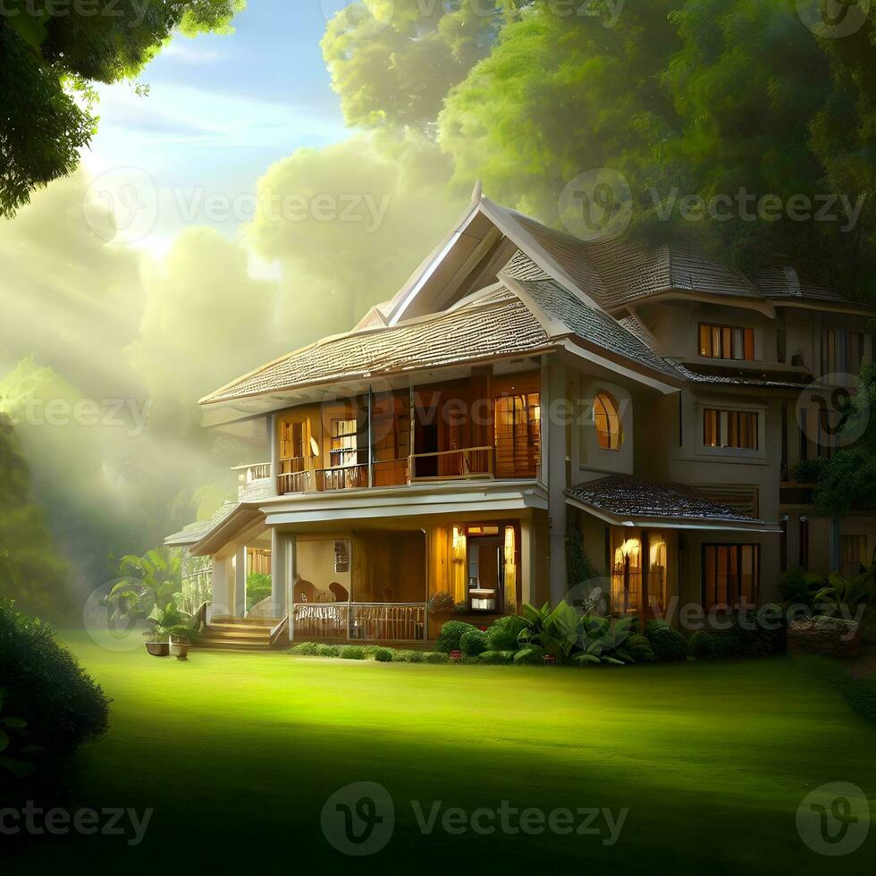 Beautiful natural lightening house exterior with green courtyard , grass and trees AI Generative photo