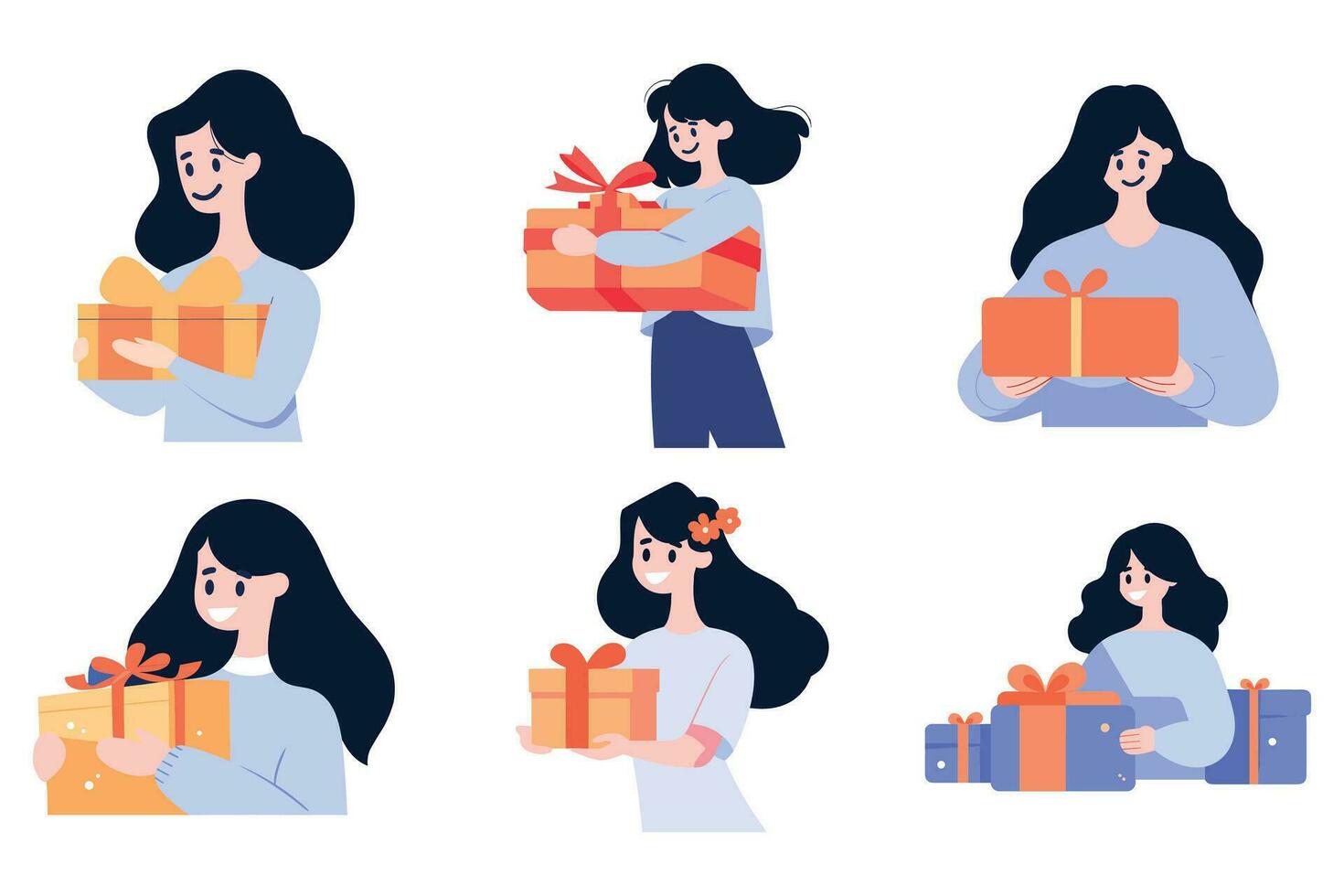 Hand Drawn female character with gift box in flat style vector