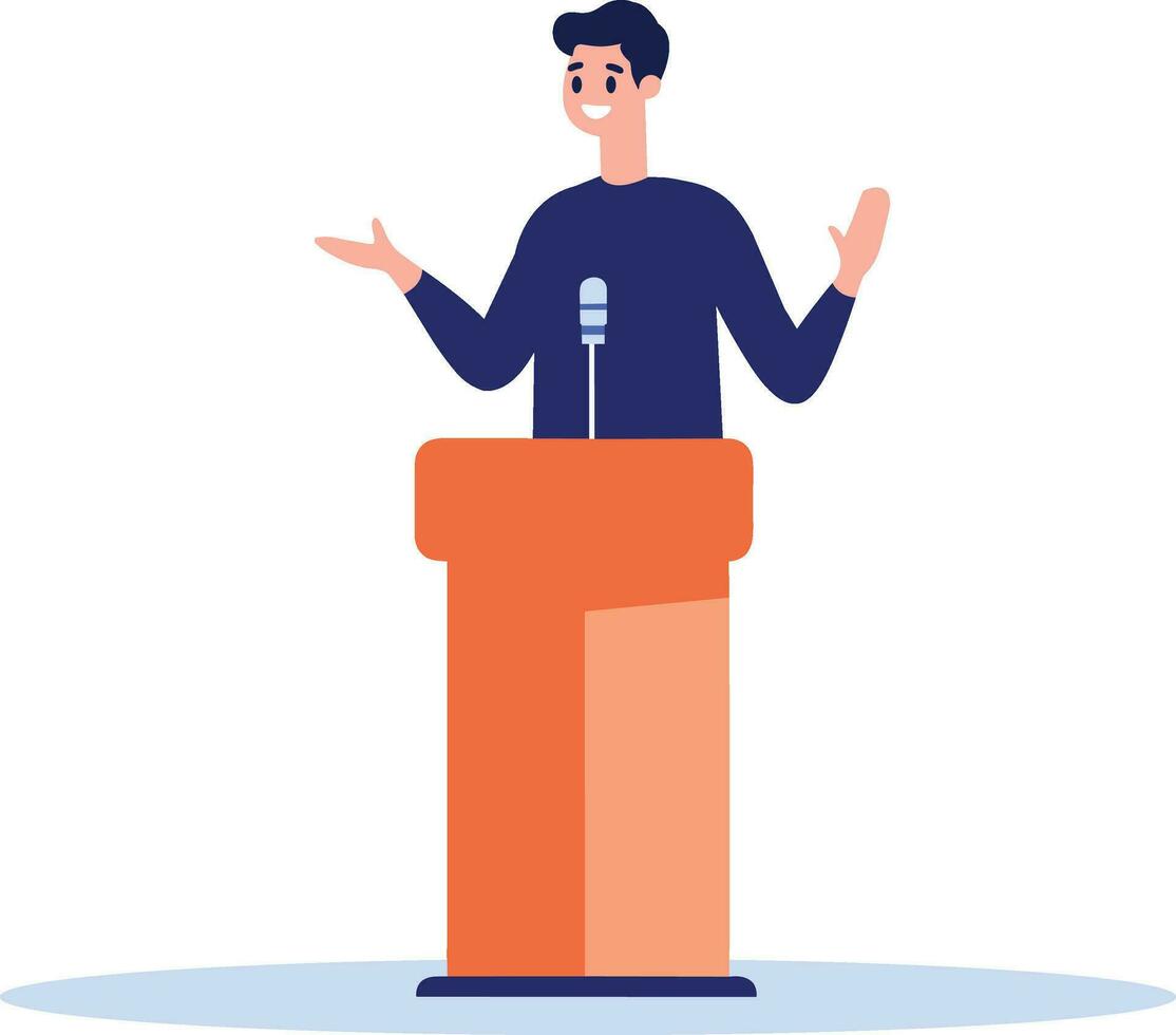 Hand Drawn Businessman speaking on the podium in flat style vector