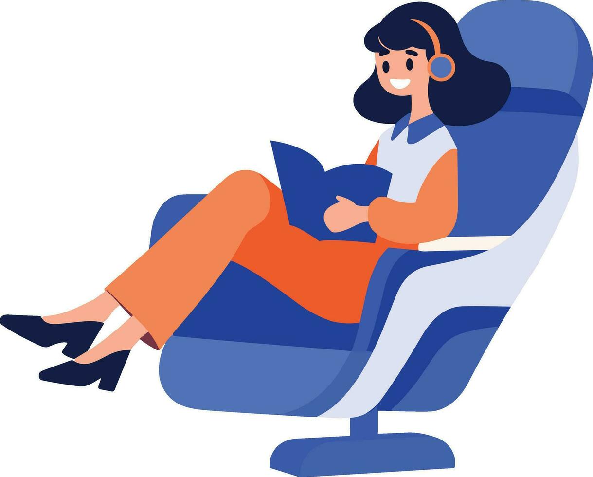 Hand Drawn Tourist with chair on airplane in flat style vector