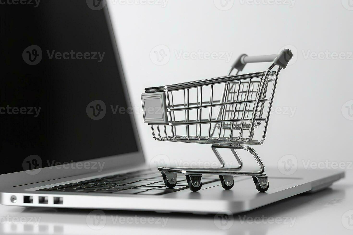 Illustration of shopping cart and laptop, online stores concept, background. Generative AI photo