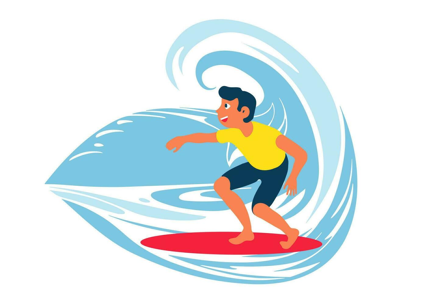 Surfing on a wave in the ocean. Surf rider on big waves. Surfer vector illustration design for t shirt print or club banner.