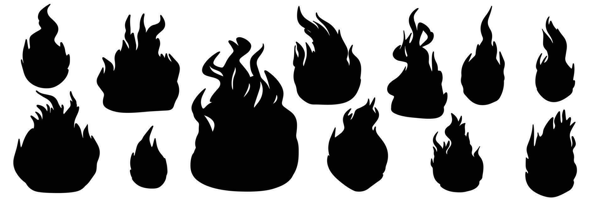 Set of fire silhouettes. Hand drawn silhouette of flames. Vector illustration.