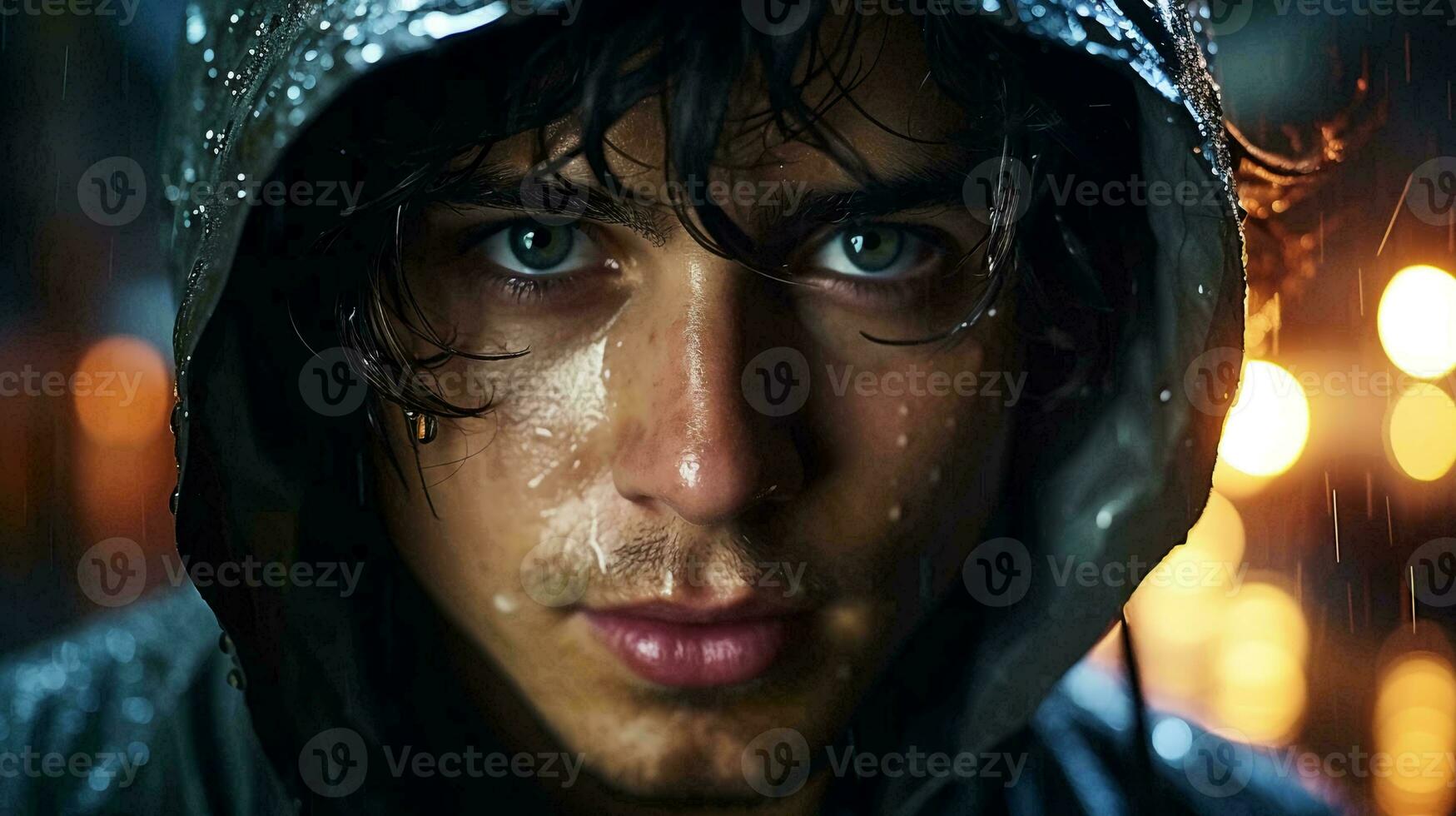 A young man in a hood in the evening in the rain, close-up of his face photo