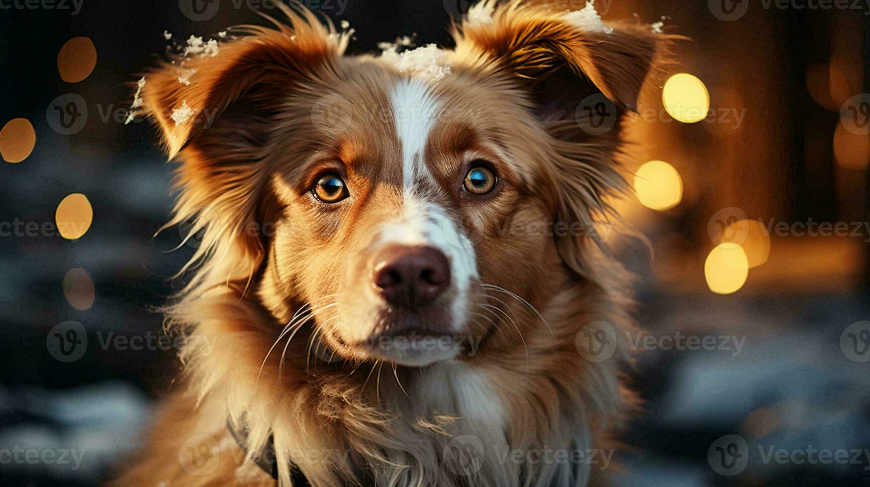 A small dog in winter under the snow with a blurred background for the New Year and Christmas holiday photo