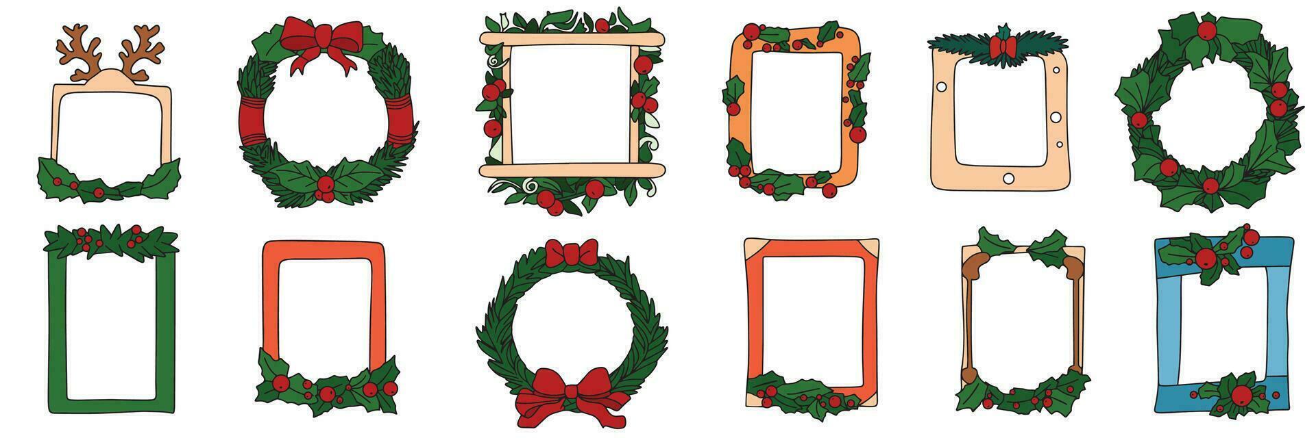 Collection of Christmas frames colored outline. Hand drawn doodle frames for Christmas decor. Vector illustration.