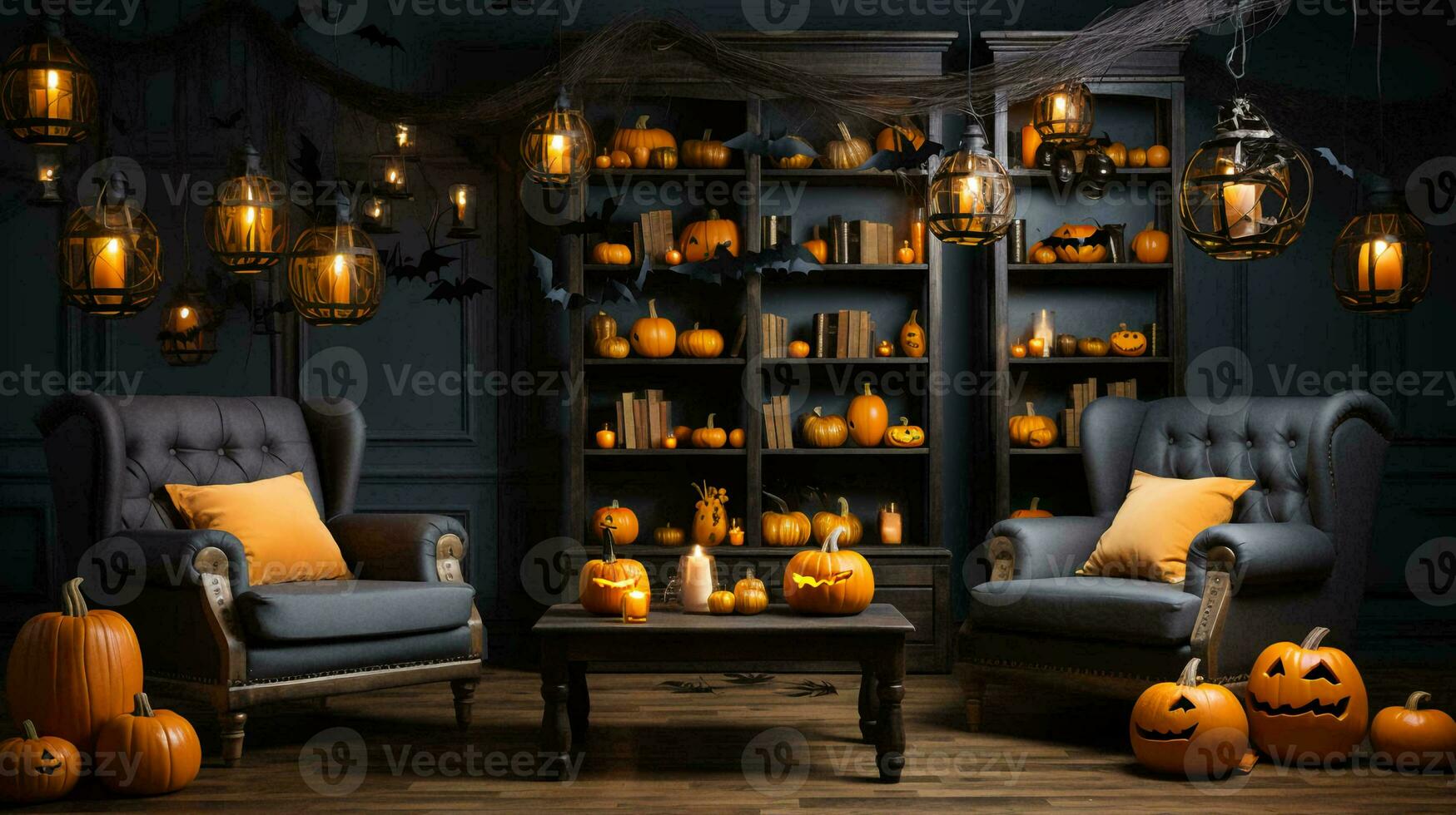 A room decorated for Halloween with candles and pumpkins with scary faces photo