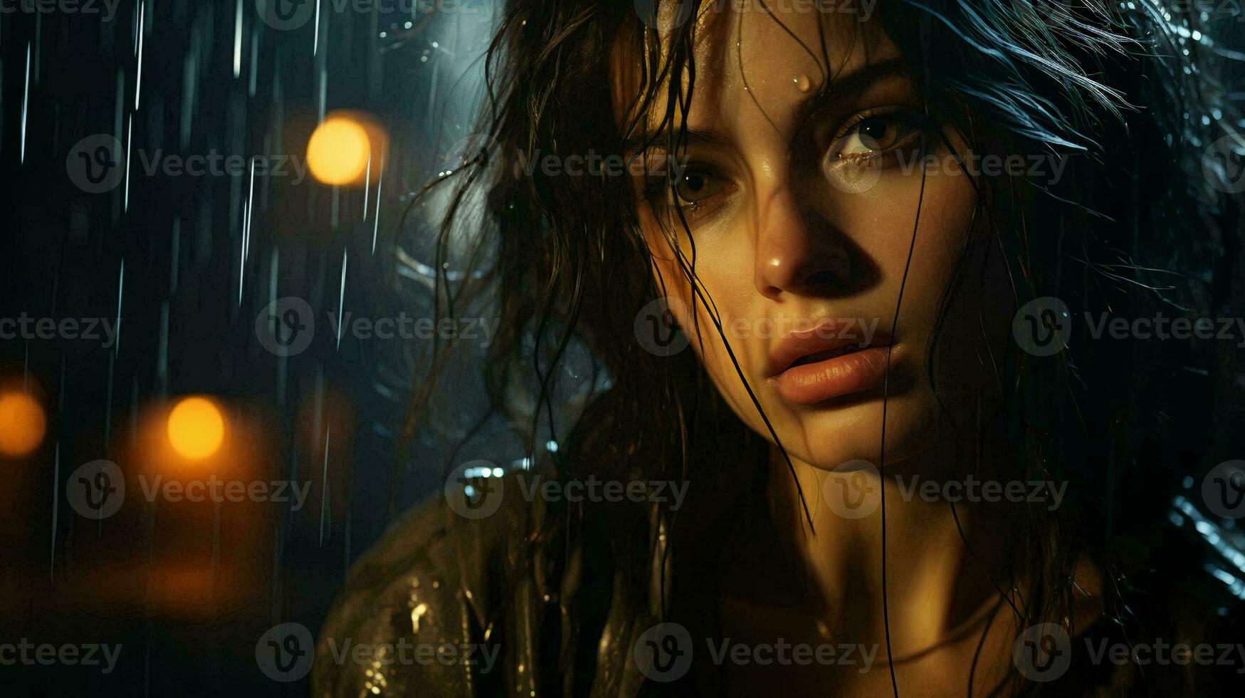 A beautiful pensive woman looks out the window at night during the rain and drops flow down the glass. Face of a sad girl close-up photo