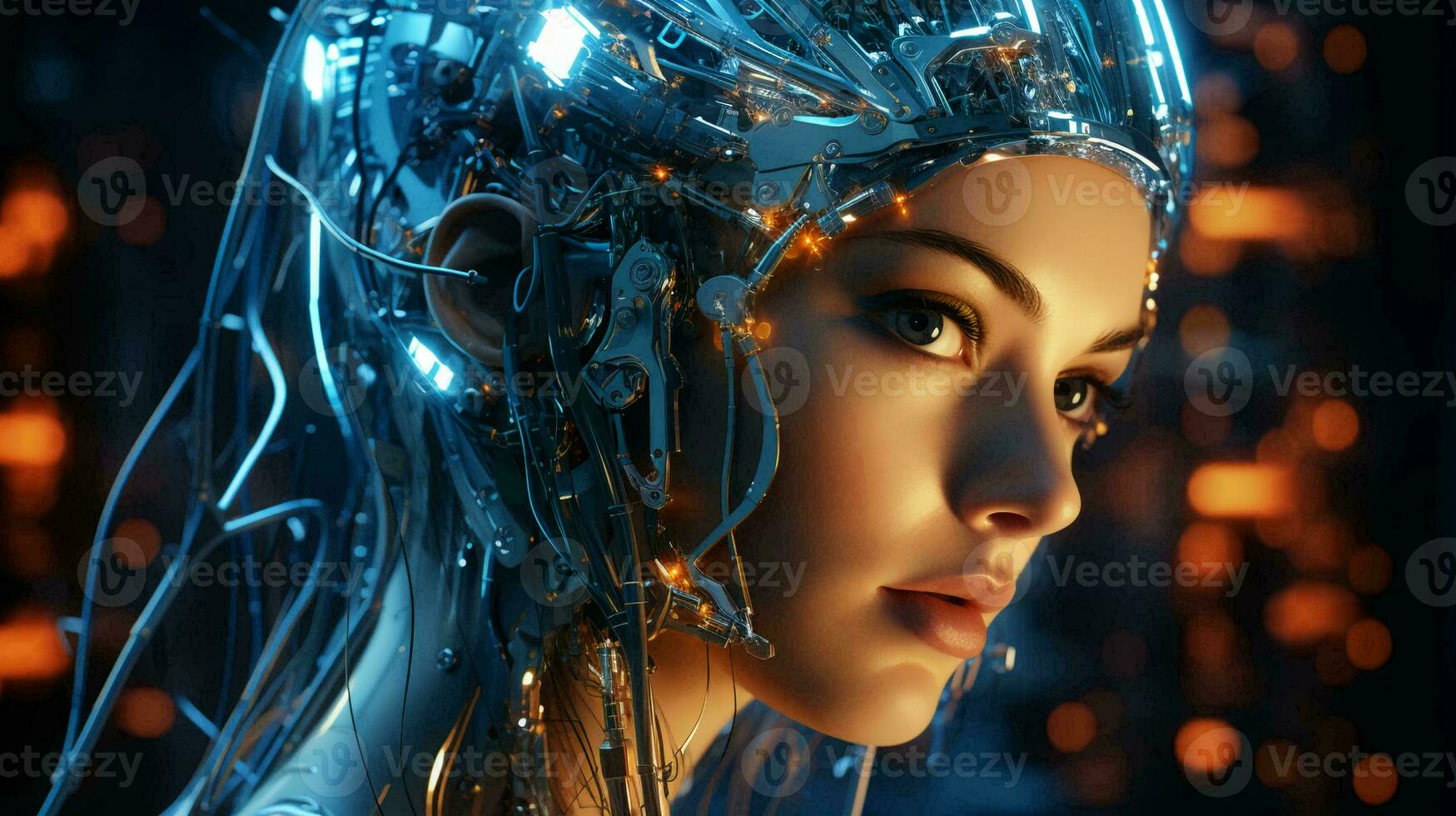Beautiful cyborg robot woman futuristic high-tech mixture of human and computer. Synergy between humanity and artificial intelligence in the future photo
