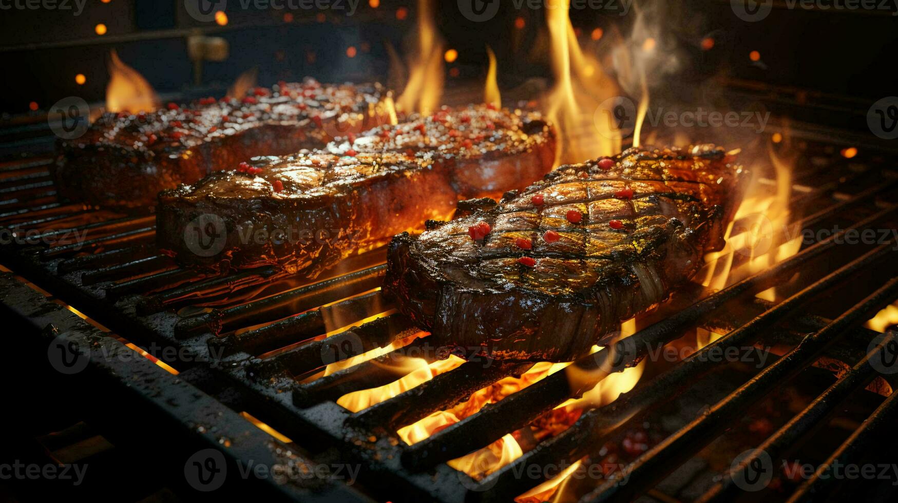 delicioso carne frito filetes en el parrilla cocido en fuego foto