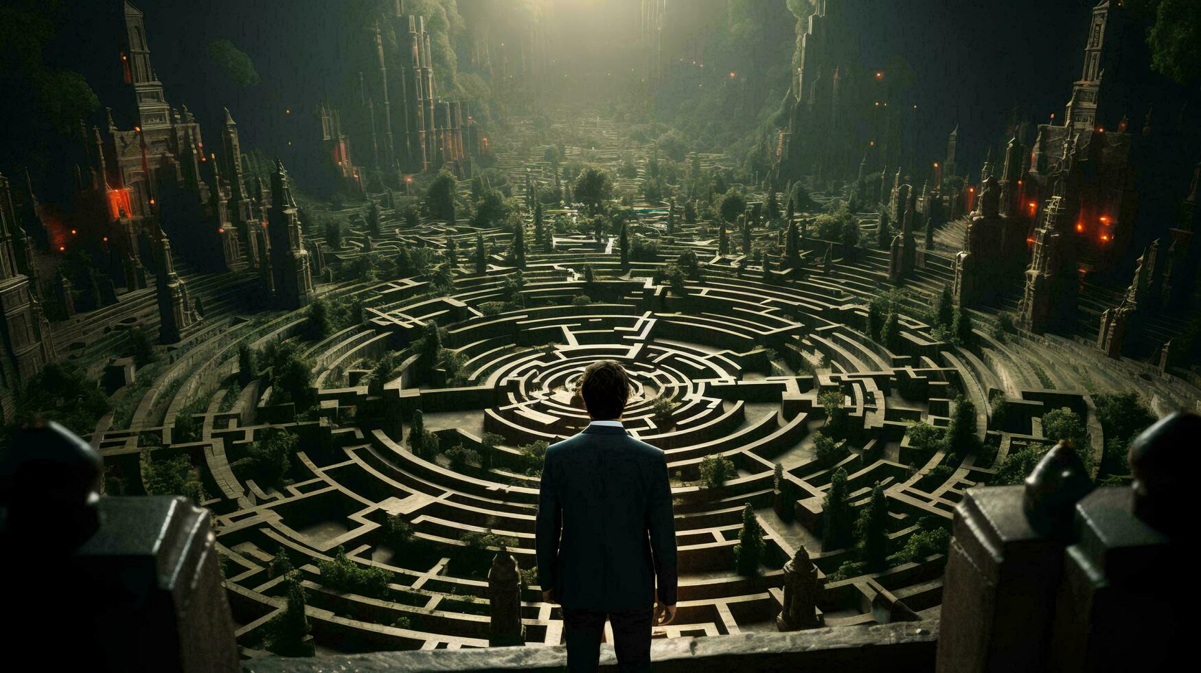 A man stands in a maze and thinks, view from the back. The concept of difficulty in making a decision photo