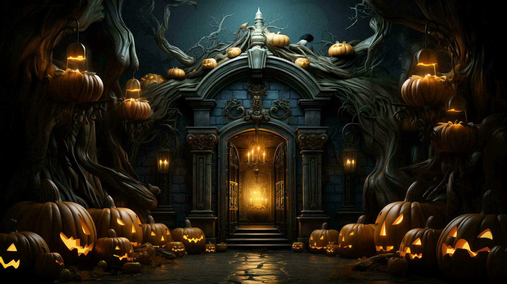 A door decorated for Halloween with decorations of pumpkins and candles photo