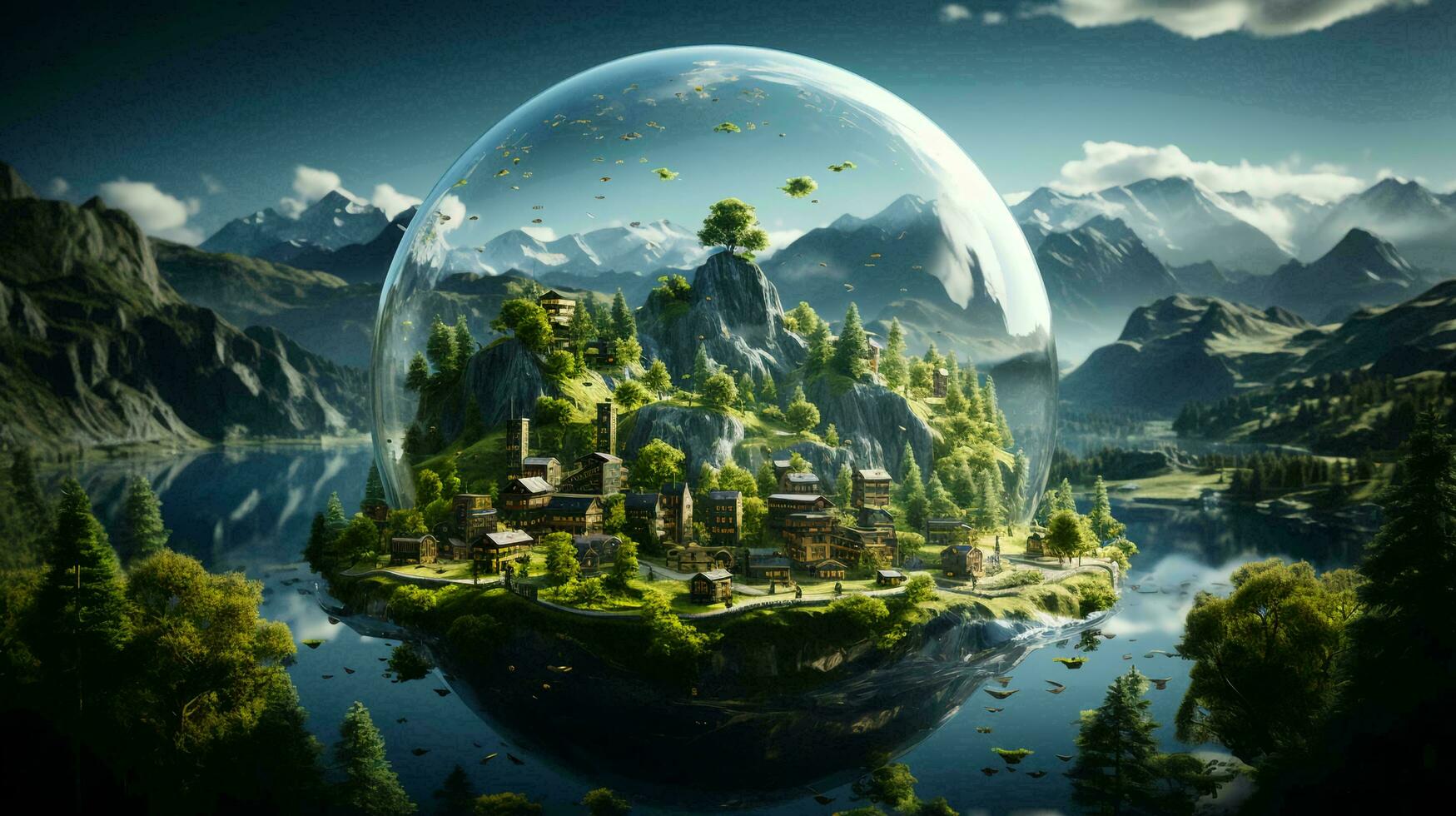Glass dome with a city inside and green trees and plants. Concept of ecology and waste recycling and care for the environment photo