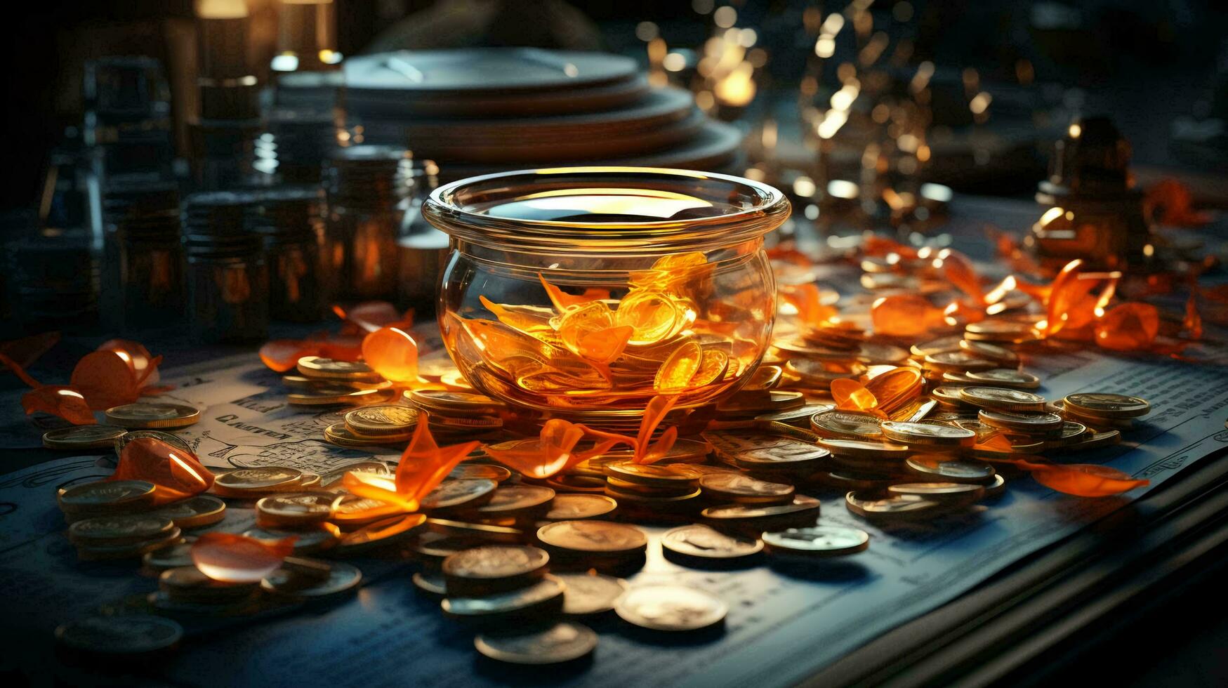 Gold coins money on the table. Business finance and wealth accumulation concept photo