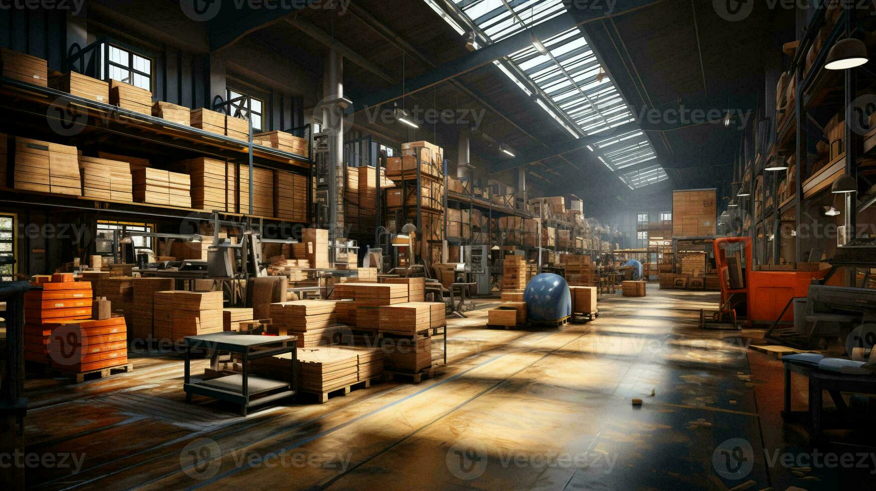 Large spacious warehouse with goods in cardboard boxes. The concept of logistics for storing and delivering goods around the world photo