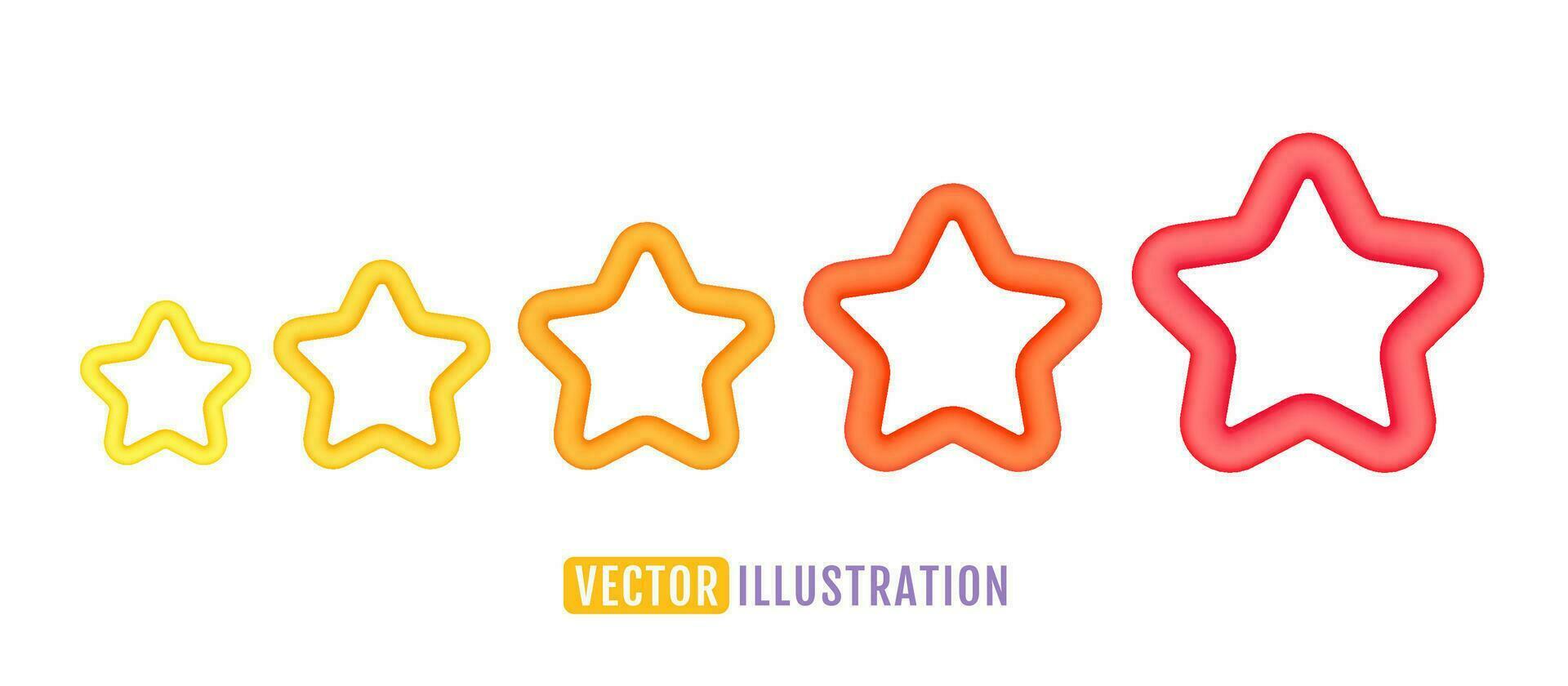 Vector icons of five yellow stars glossy colors. Achievements for games or customer rating feedback of website. Vector illustration of stars in realistic 3d style.