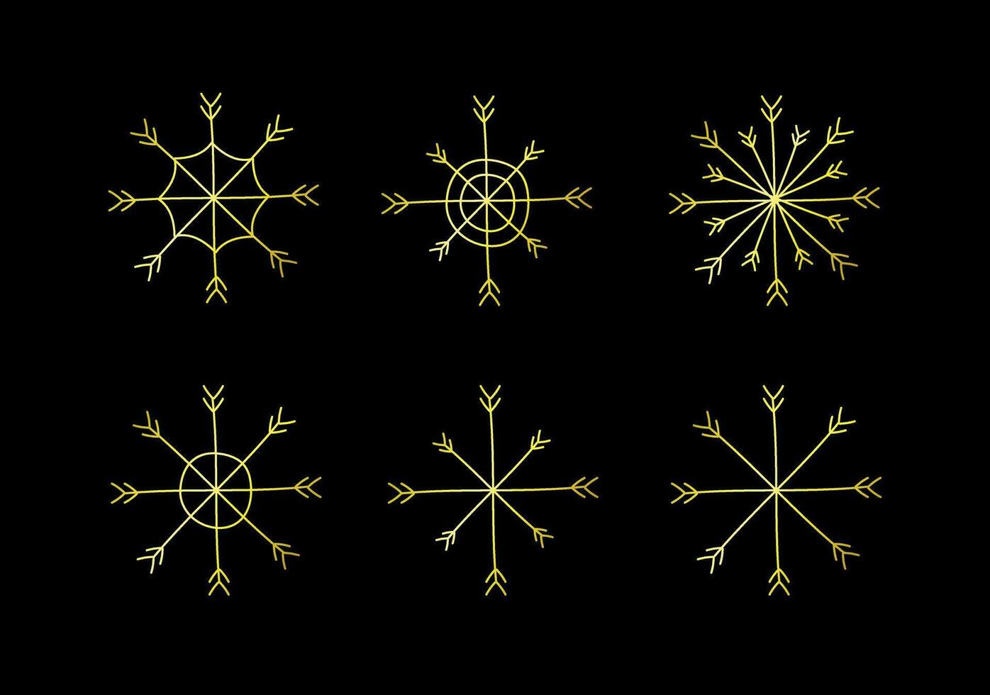 Vector doodle set of gold glitter snow flakes