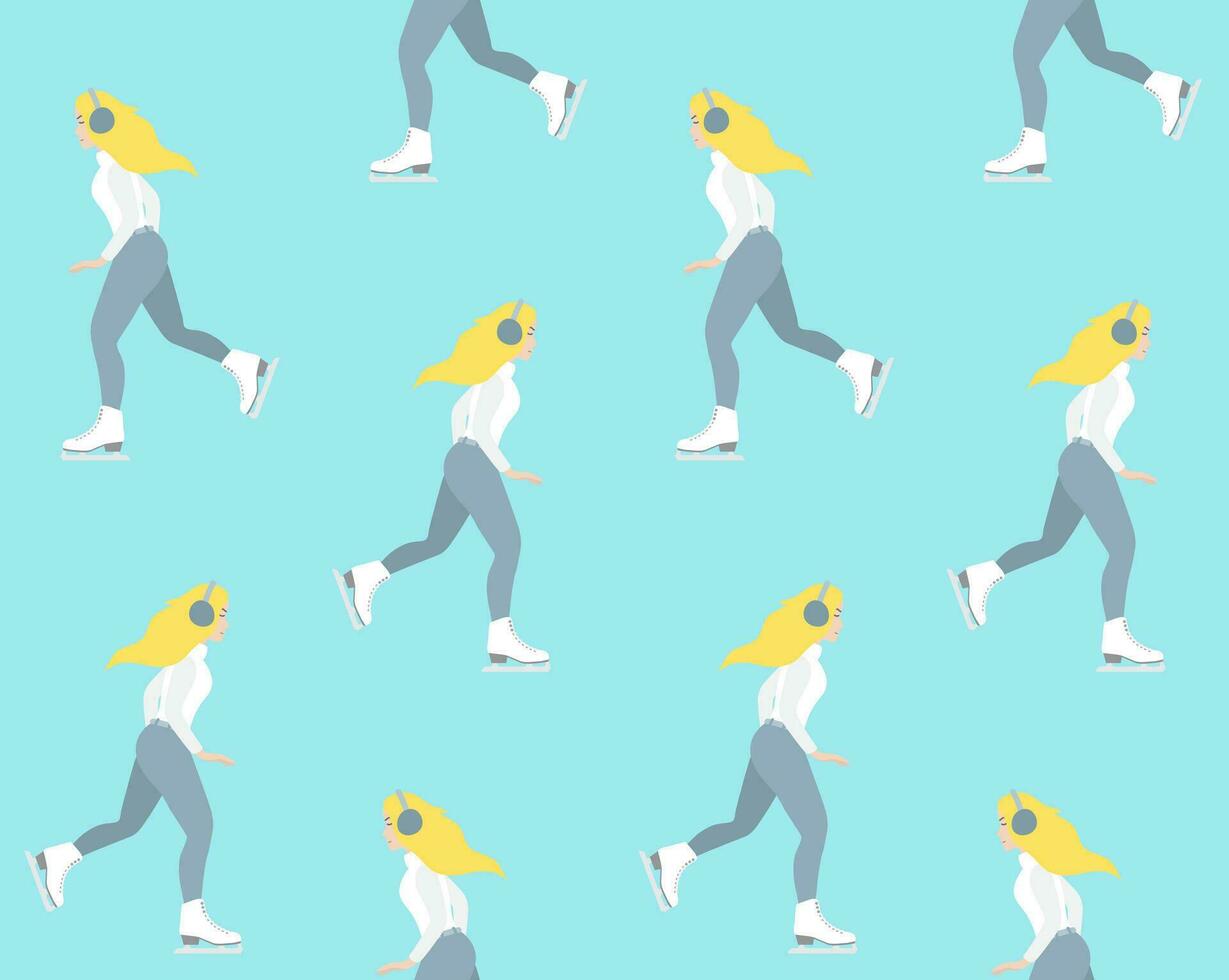 Vector seamless pattern of flat woman on ice skate