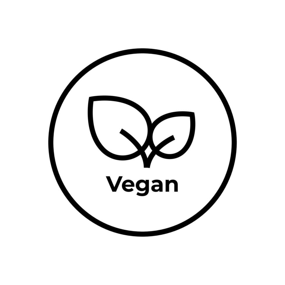 Vegan diet icon. Organic, bio, ecological symbol. Healthy, fresh and non-violent food. Vector line black circular illustration with leaves for labels, tags and logos