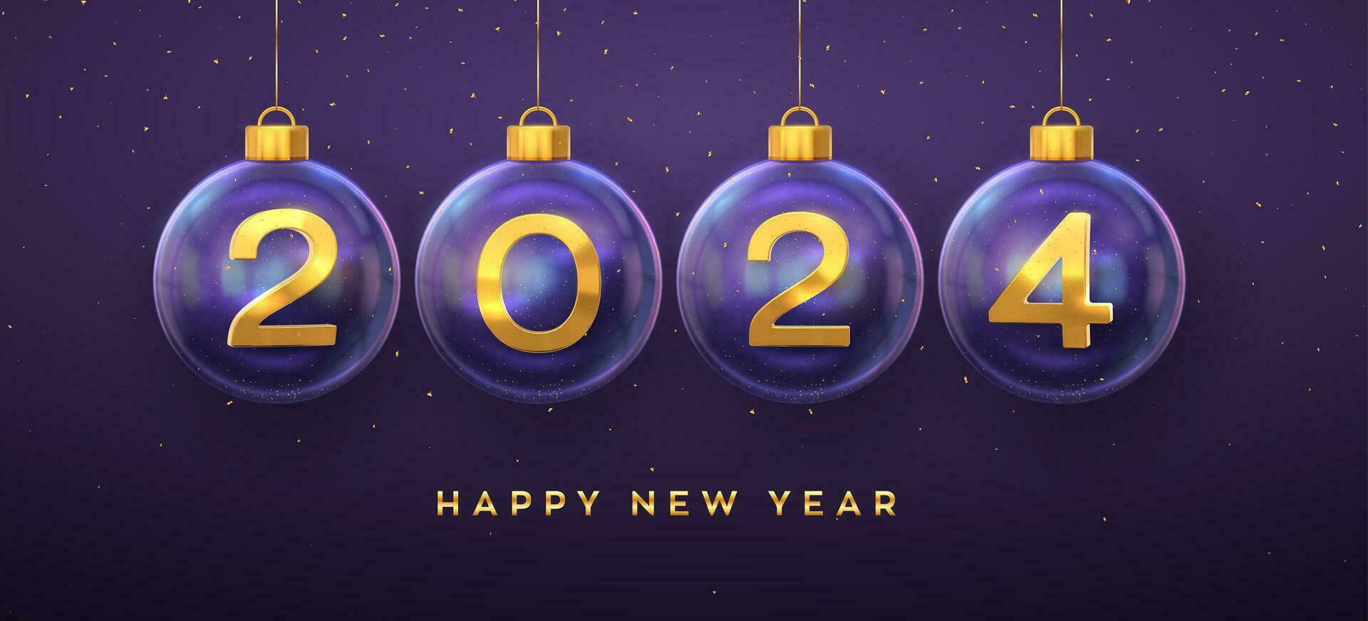 Happy New Year 2024. Golden metal 3D numbers 2024 in glass bauble. Hanging Christmas balls and glitter confetti. Greeting card. Holiday Xmas and New Year poster, banner, flyer. Vector Illustration.