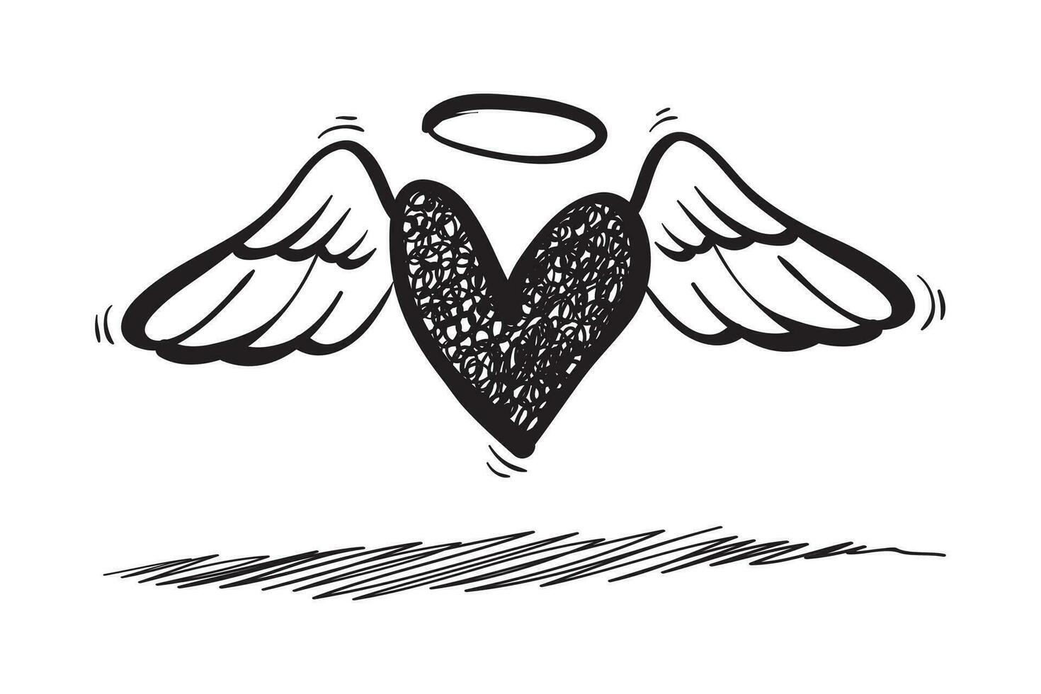 Doodle Hearts, hand drawn winged love heart. Vector illustration.