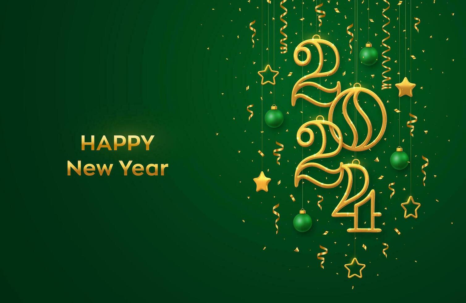 Happy New 2024 Year. Hanging Golden metallic numbers 2024 with shining 3D metallic stars, balls and confetti on green background. New Year greeting card, banner template. Realistic Vector illustration