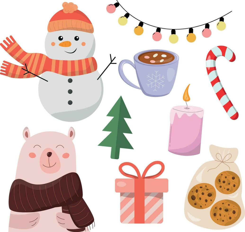 Christmas icons with snowman, bear, cup of hot cocoa vector