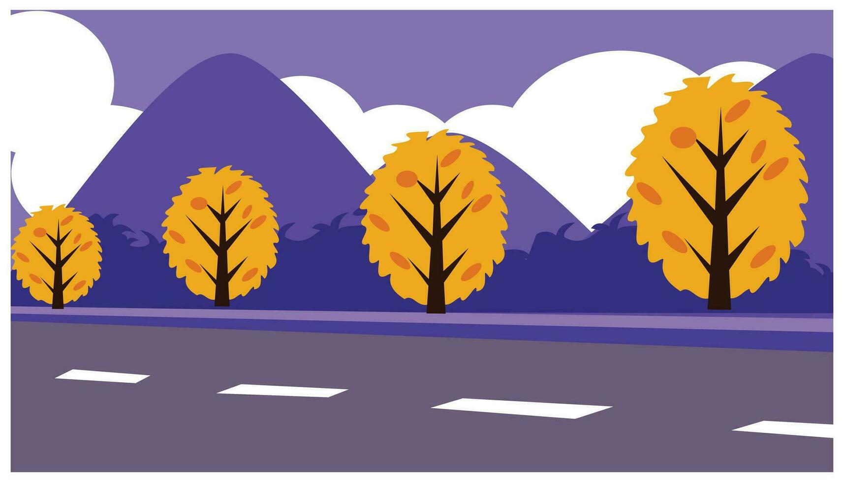 otoño paisaje con arboles y montañas. vector ilustración en plano estilo. paisaje de montañas y nubes en púrpura tonos