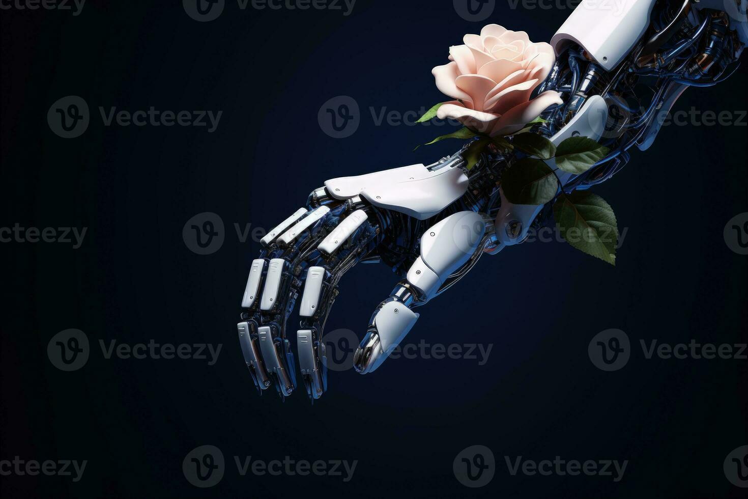 Robotic hand with flower, technology and AI concept. Generative AI photo