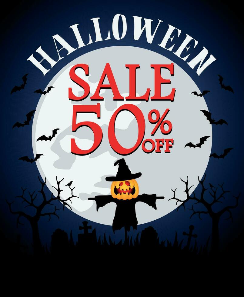 Halloween sale 50 off background with scarecrow pumpkin at a cemetery vector