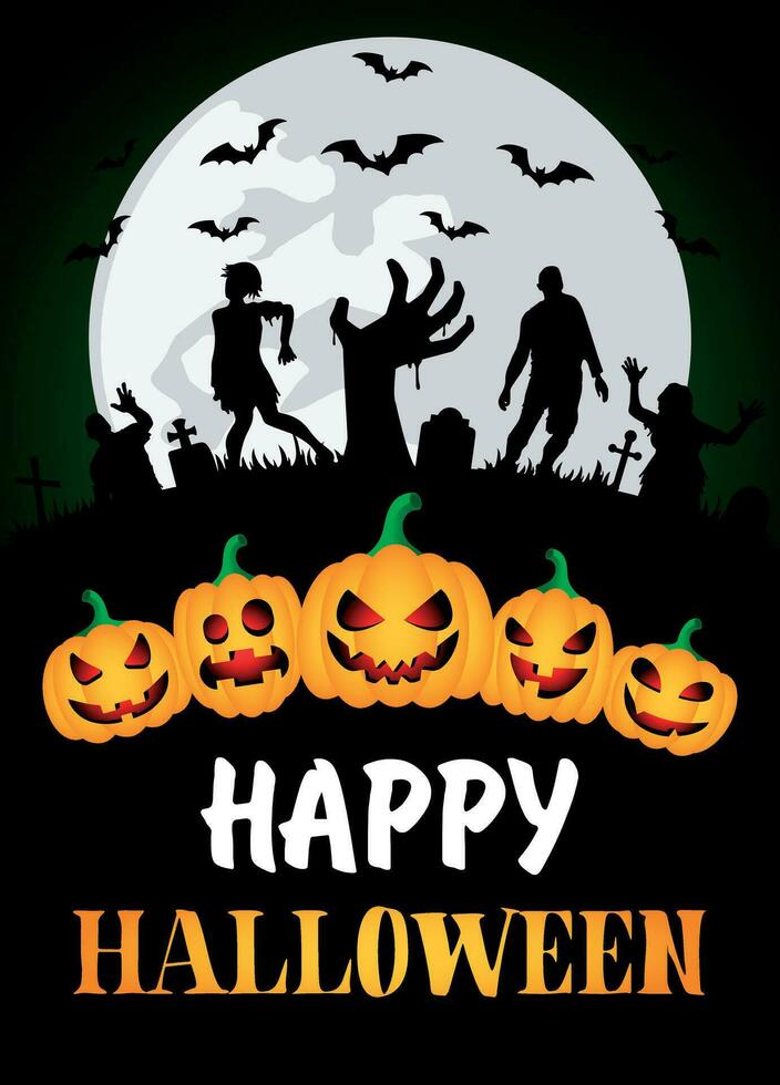 Happy Halloween poster with zombies and pumpkins vector