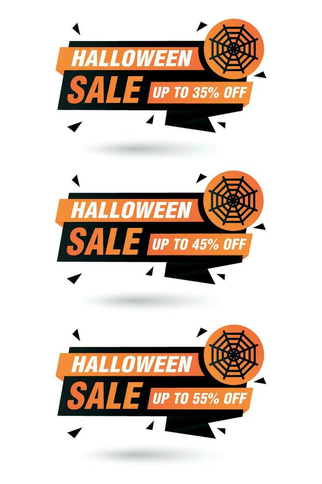 Halloween sale origami black labels set. Sale 35, 45, 55 off discount vector
