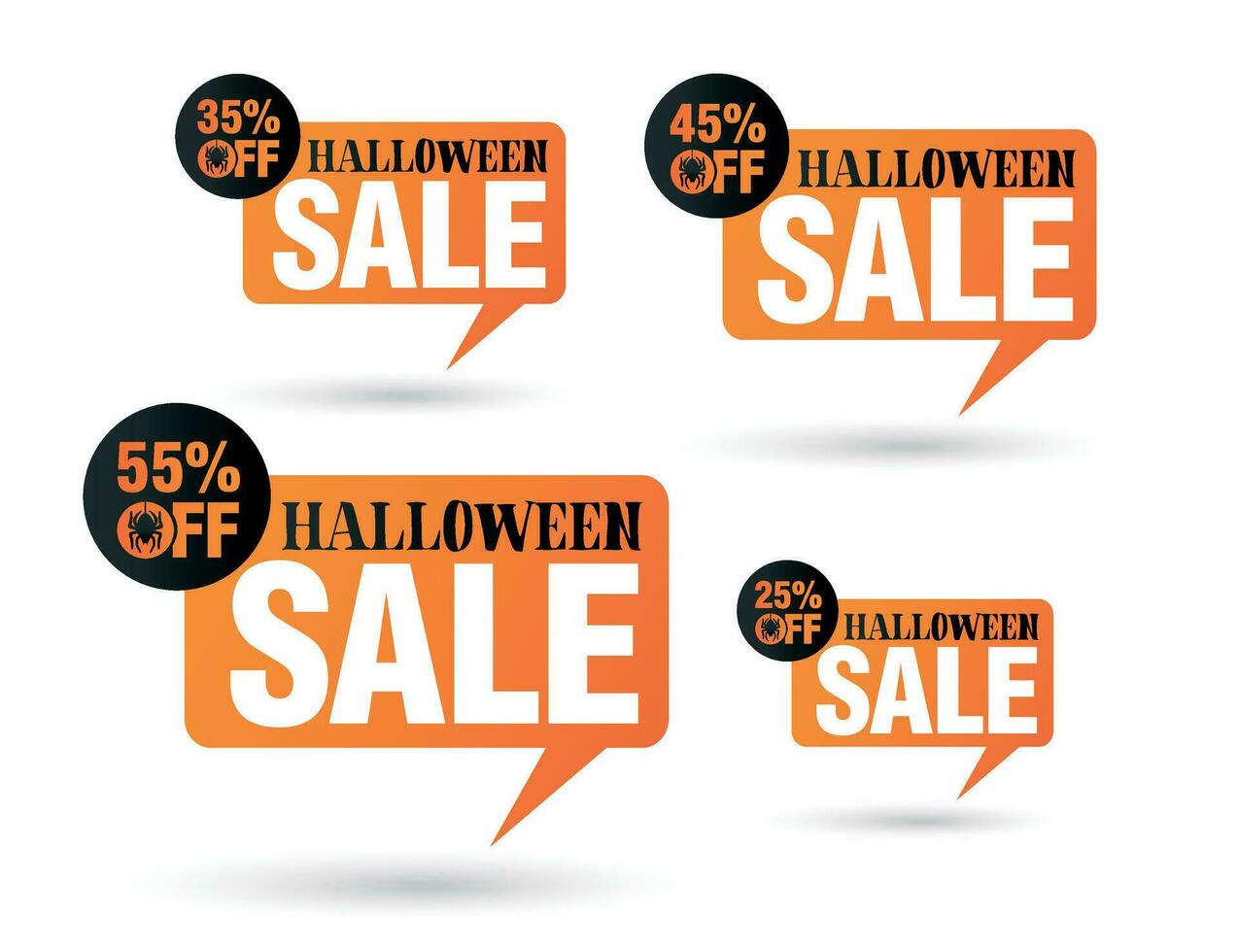 Halloween sale orange tag set speech bubble. Sale 25, 35, 45, 55 off discount vector