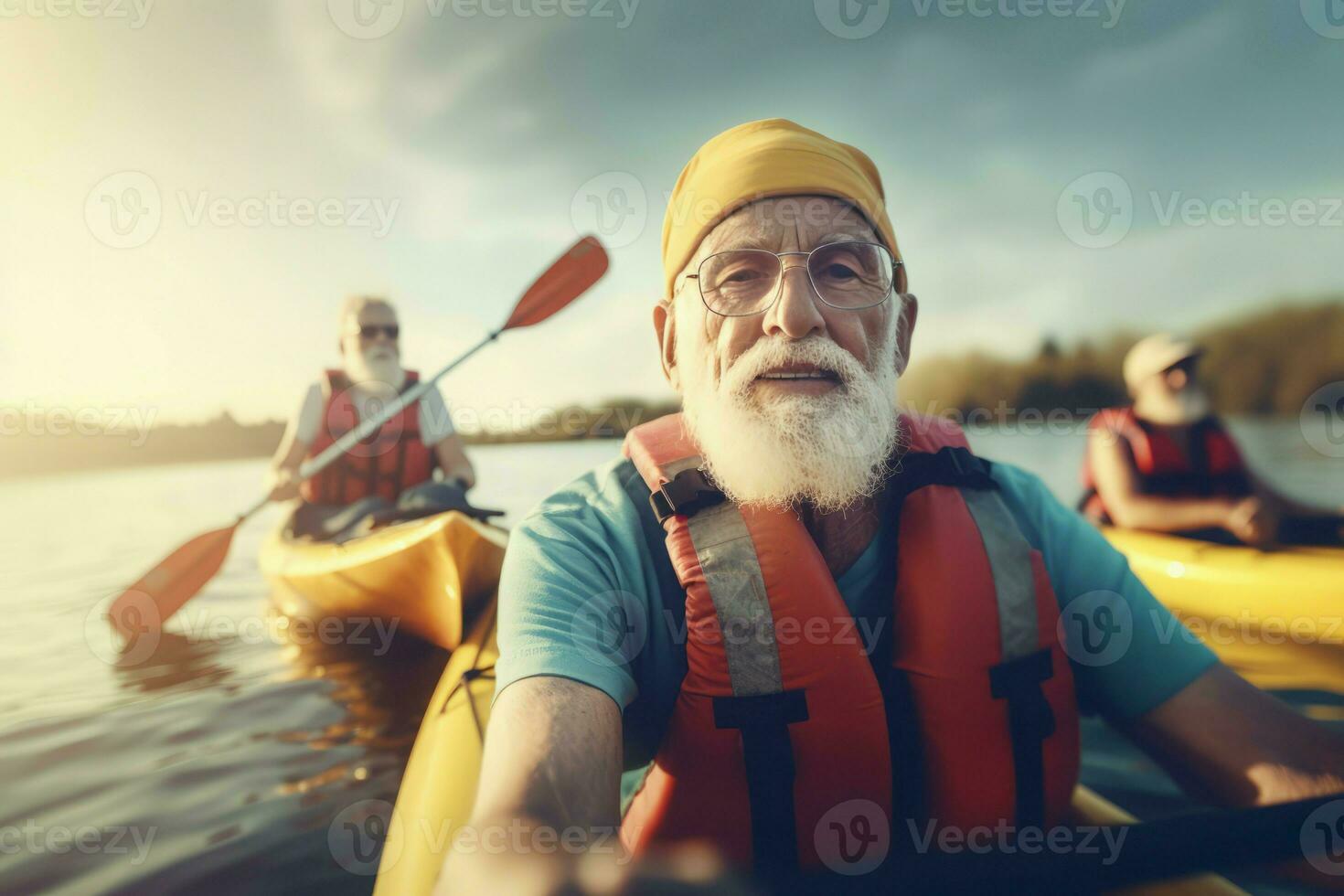 Elderly man kayaking. Generate Ai photo