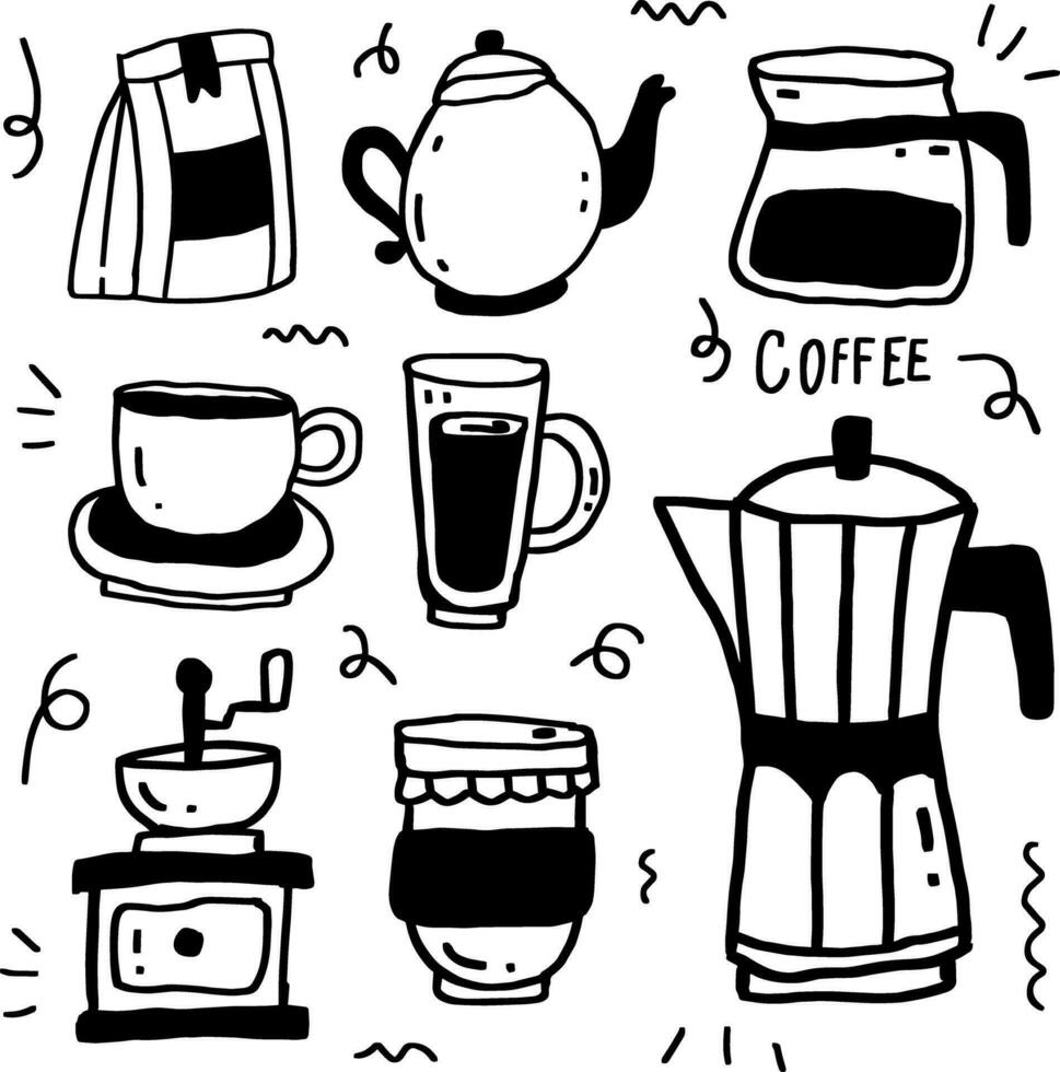 hand drawn coffee set line design vector