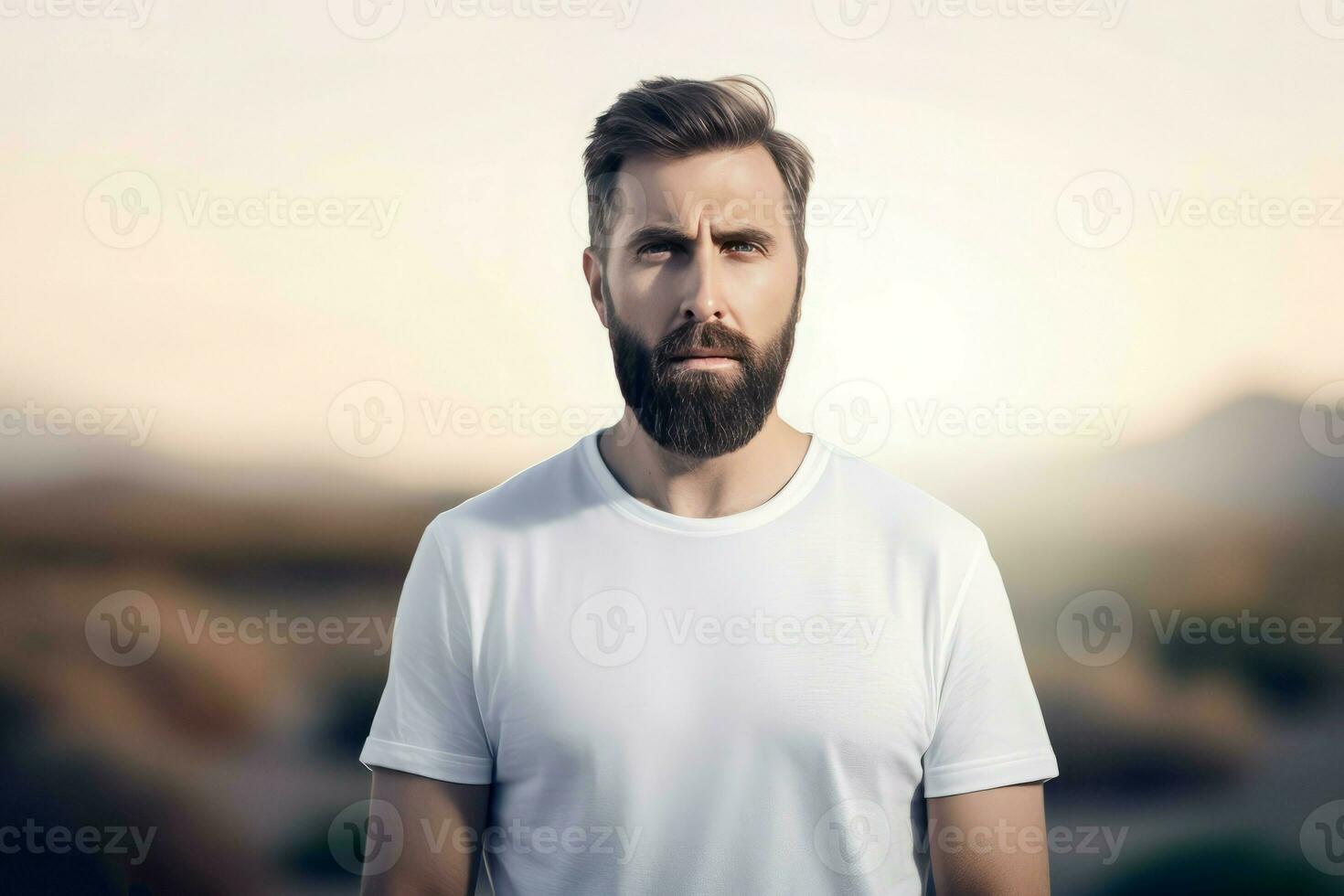 Bearded man white shirt guy. Generate Ai photo