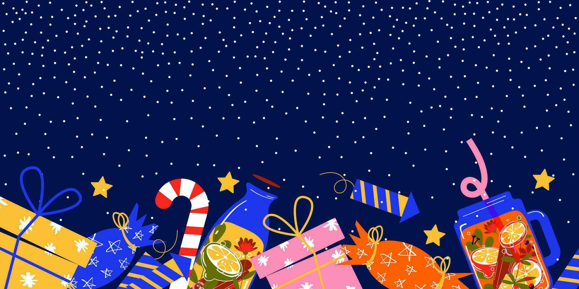 Christmas background with gifts and snow on a blue background. Vector illustration of New Year elements in flat style.