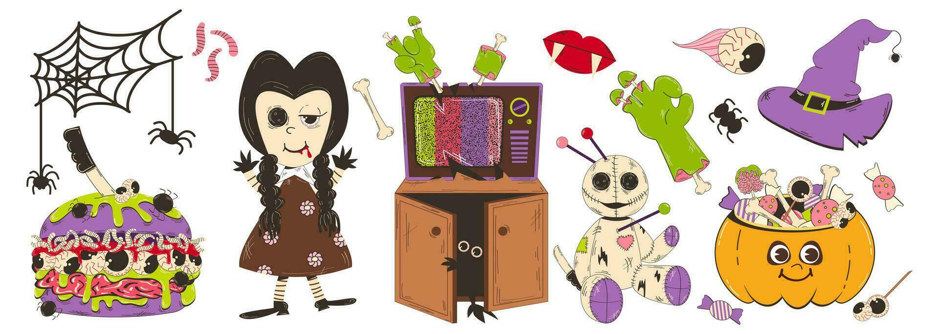 Set of elements for Halloween in retro cartoon style. Vector character illustration of pumpkin with sweets, voodoo doll, scary doll, zombie hand, fast food, TV and other elements.