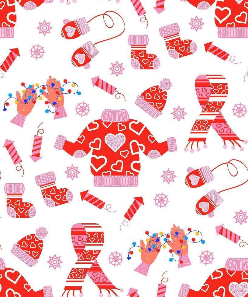 Seamless pattern of New Year's clothes. Vector background in flat style with winter clothes. New Year holiday background.