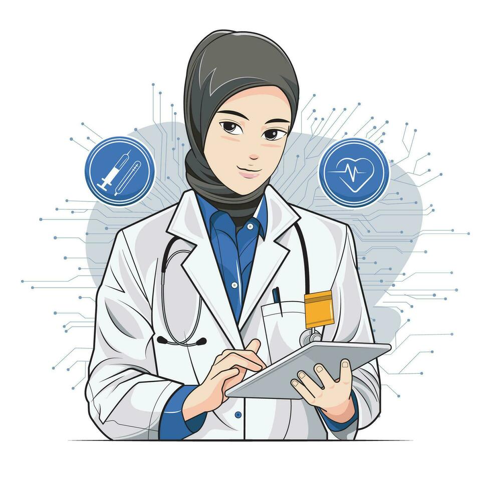 Female doctor in a hijab holding a digital tablet using a digital medical futuristic interface. Vector illustration pro download