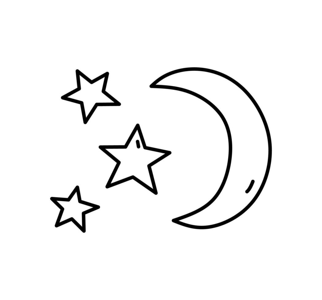creciente Luna y estrellas aislado en blanco antecedentes. vector dibujado a mano ilustración en garabatear estilo. Perfecto para tarjetas, decoraciones, logo, varios diseños