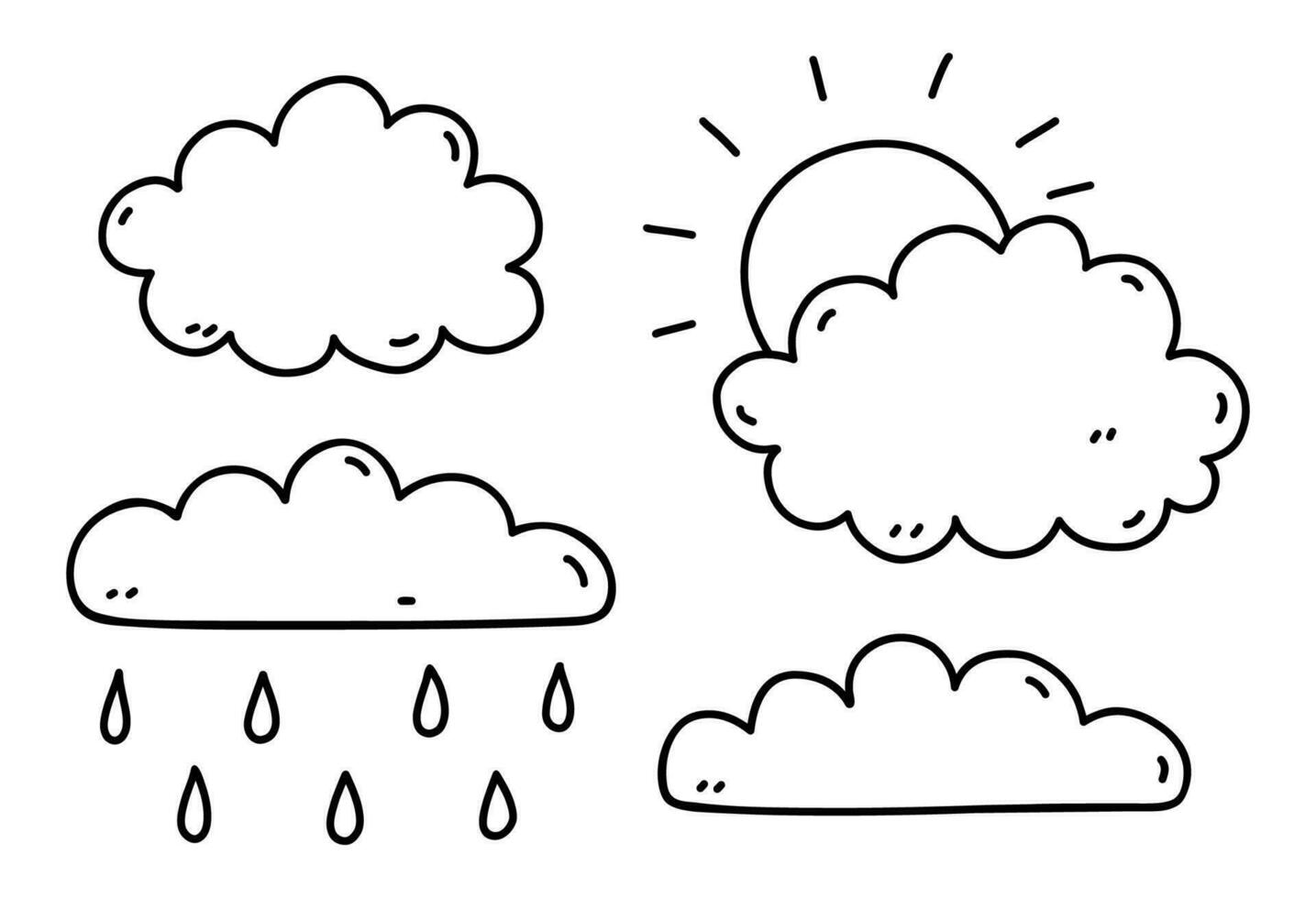 Set of weather elements - sun, clouds, rain. Vector hand-drawn illustration in doodle style. Perfect for cards, decorations, logo, various designs.