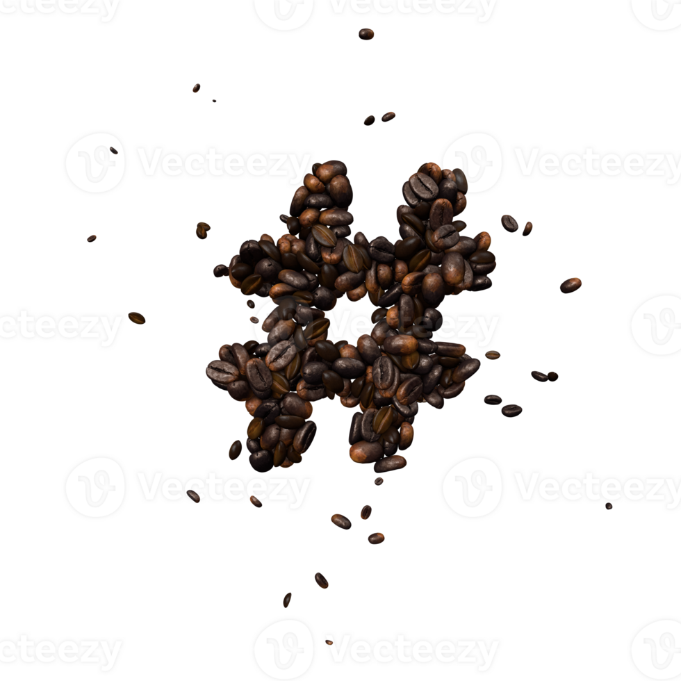 Coffee text typeface out of coffee beans isolated the character hashtag png