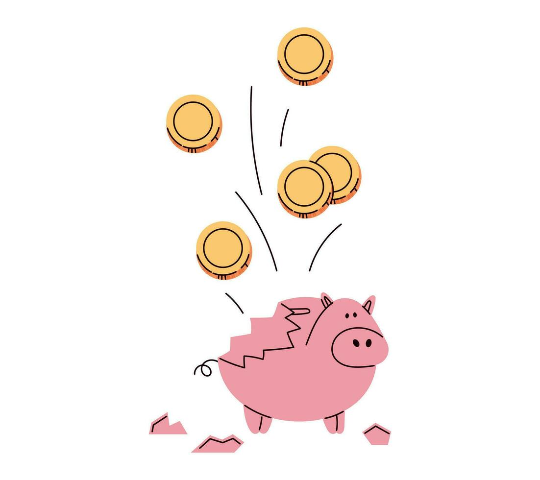Broken cartoon piggy bank with flying gold coins. Saving money concept. Vector isolated flat illustration.