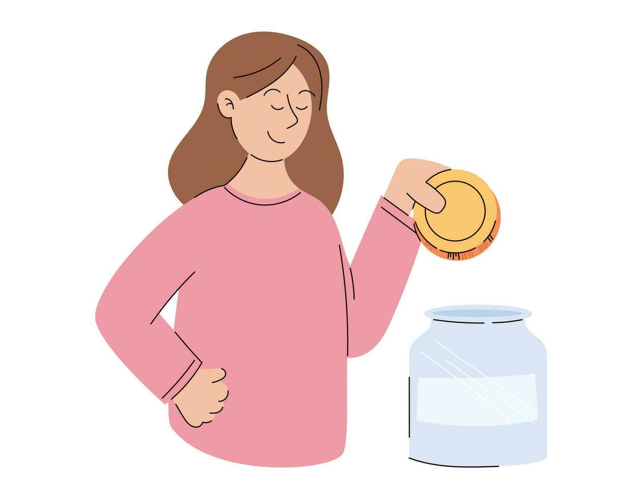 Saving money concept. Cartoon Woman putting a gold coin into a jar. Vector isolated flat illustration, people dealing with finance.