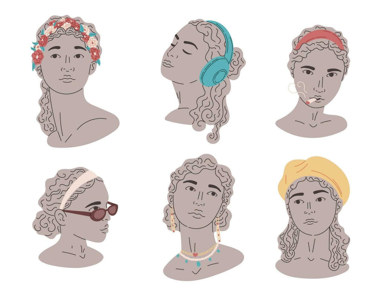 Set of female antique heads. Flat classic stone or clay Greek statues of women. Modern fashion accessories. Collection of vector cartoon illustrations.