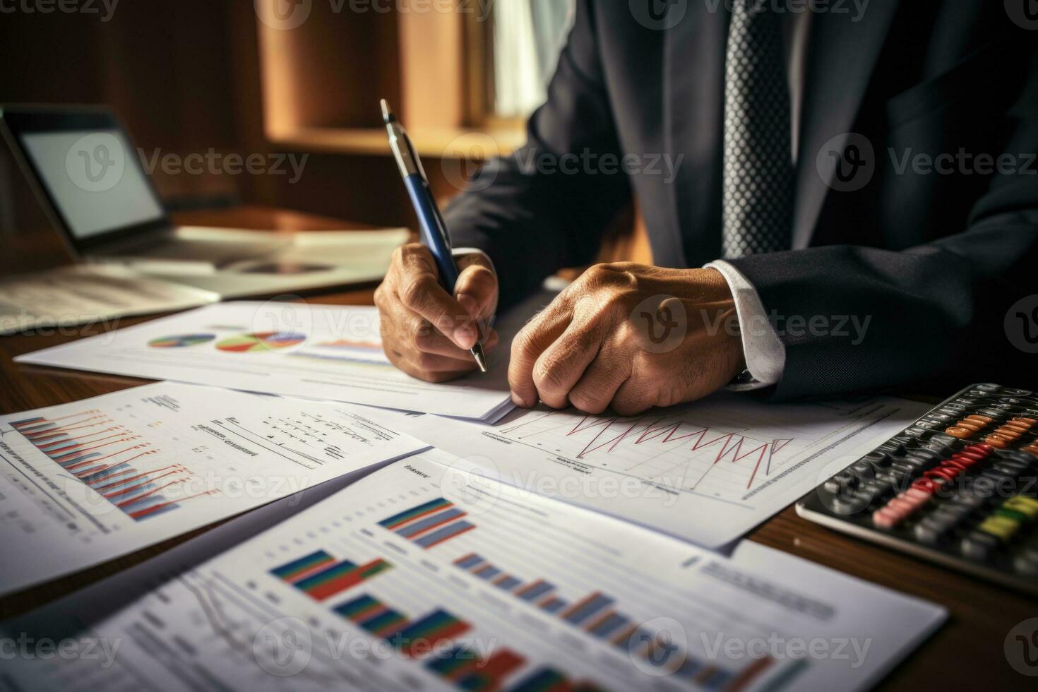 A business man in a suit checks papers. Business analysis, business management. Analytics and data accounting. photo