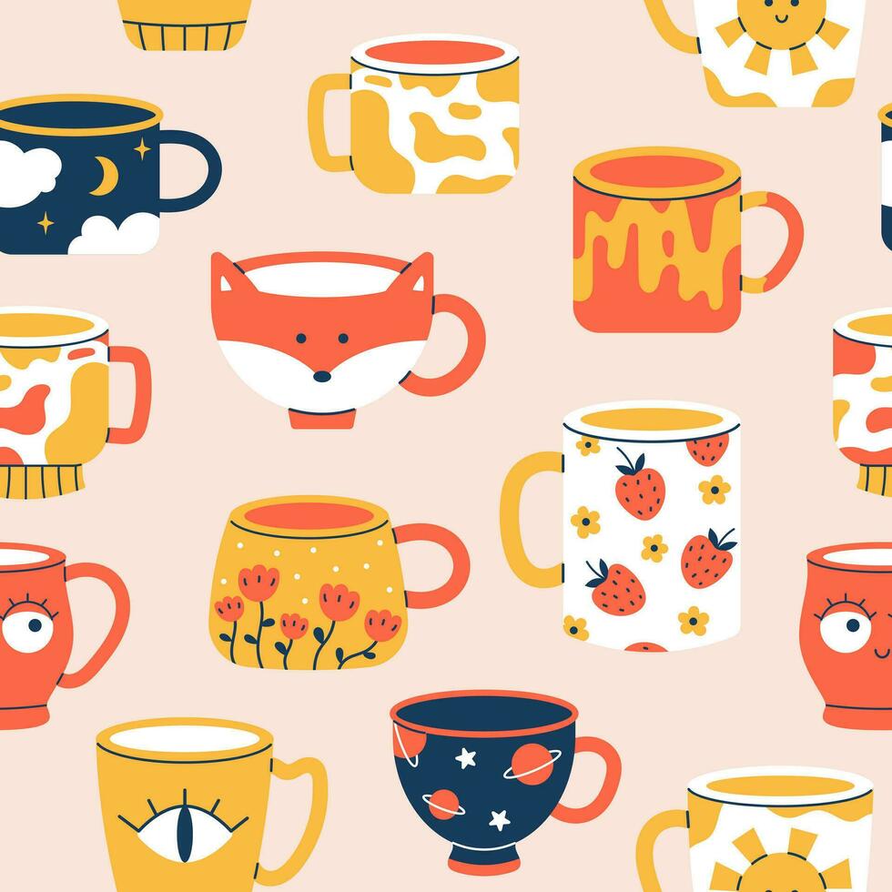 Vector seamless pattern of different cups of tea or coffee. Trendy background with ceramic mugs with various ornaments. Pattern with modern drink cups.