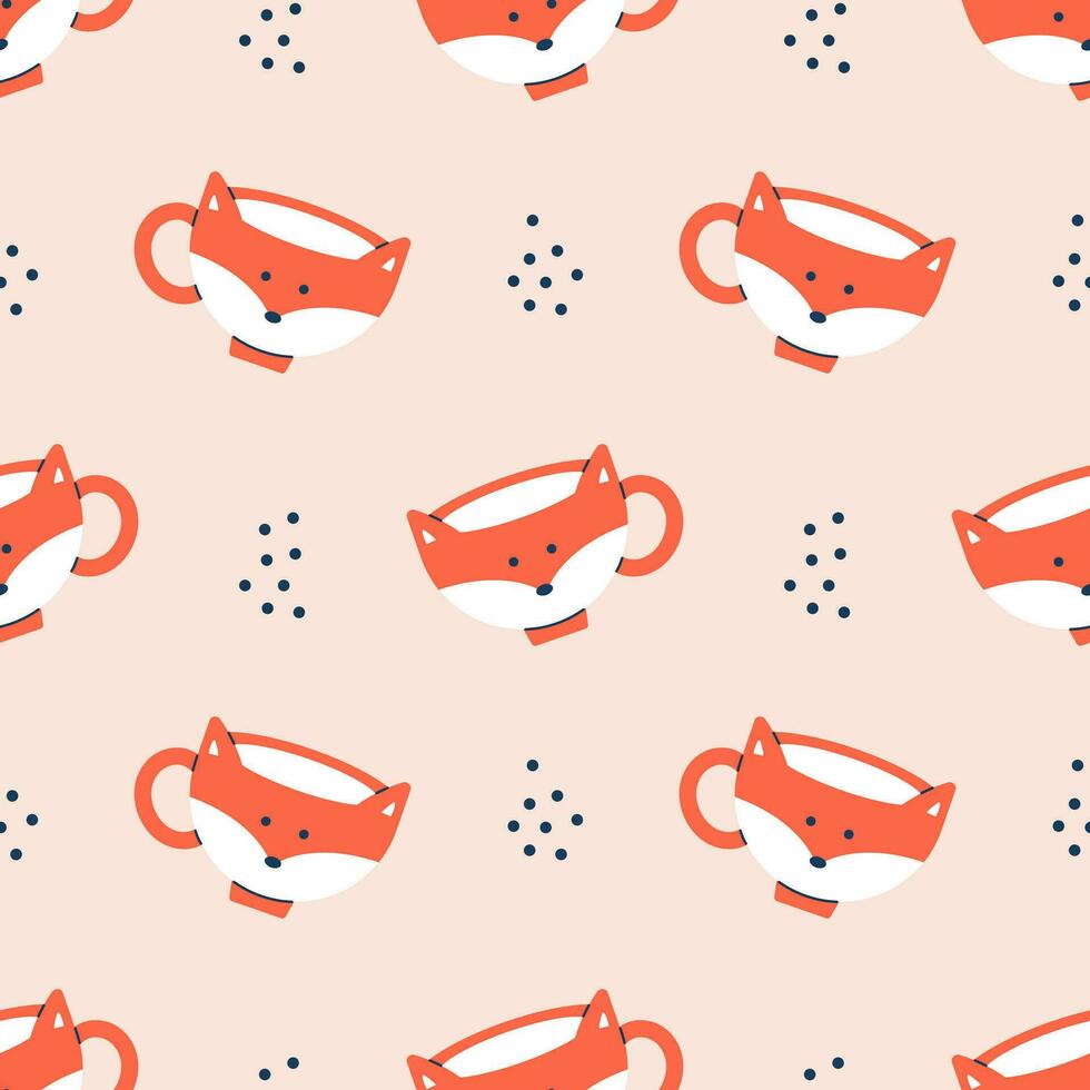 Vector seamless pattern of cute animal cups. Trendy print with funny fox mugs and dots. Background with modern drink cups.