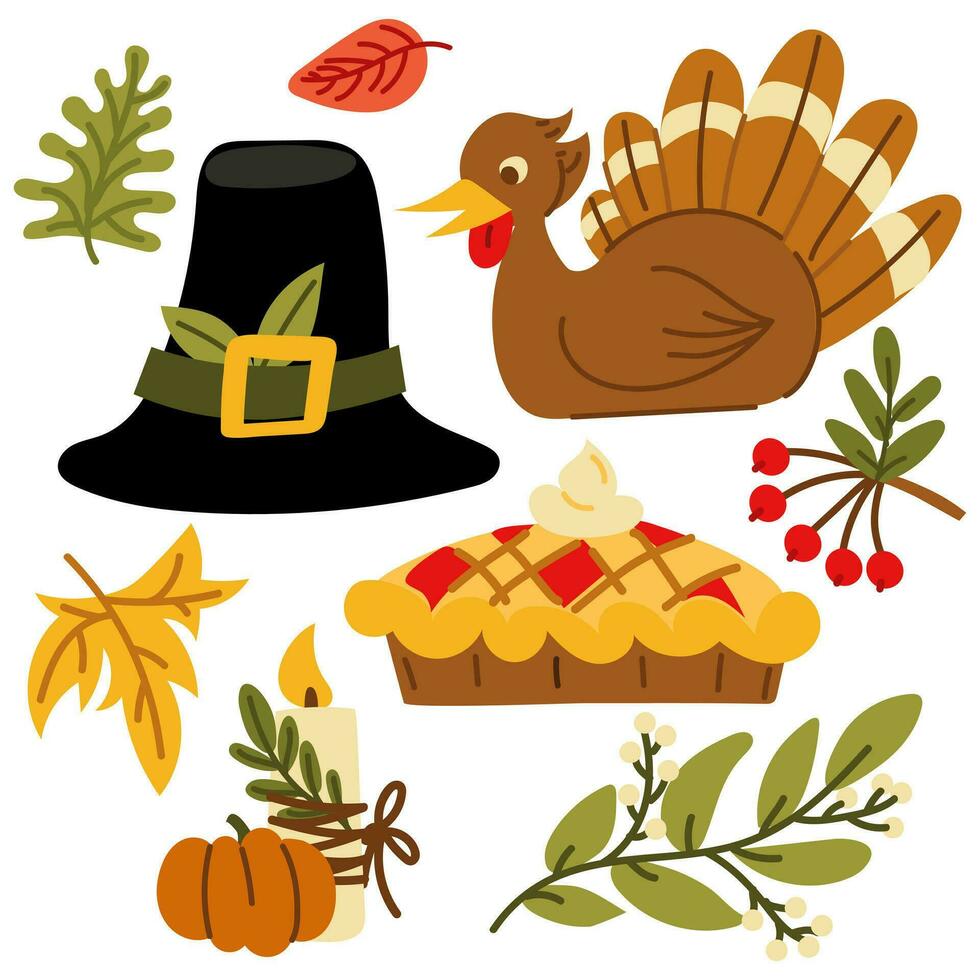 A set of items for Thanksgiving. Vector set of autumn elements with turkey, flat illustration of pilgrim's hat, pie, candles, berries. Happy Thanksgiving. Harvest festival. Design of autumn stickers